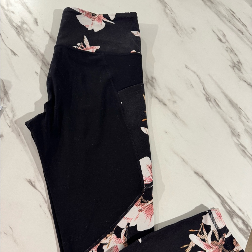 Athleta Black leggings with Pink and White Floral Pattern